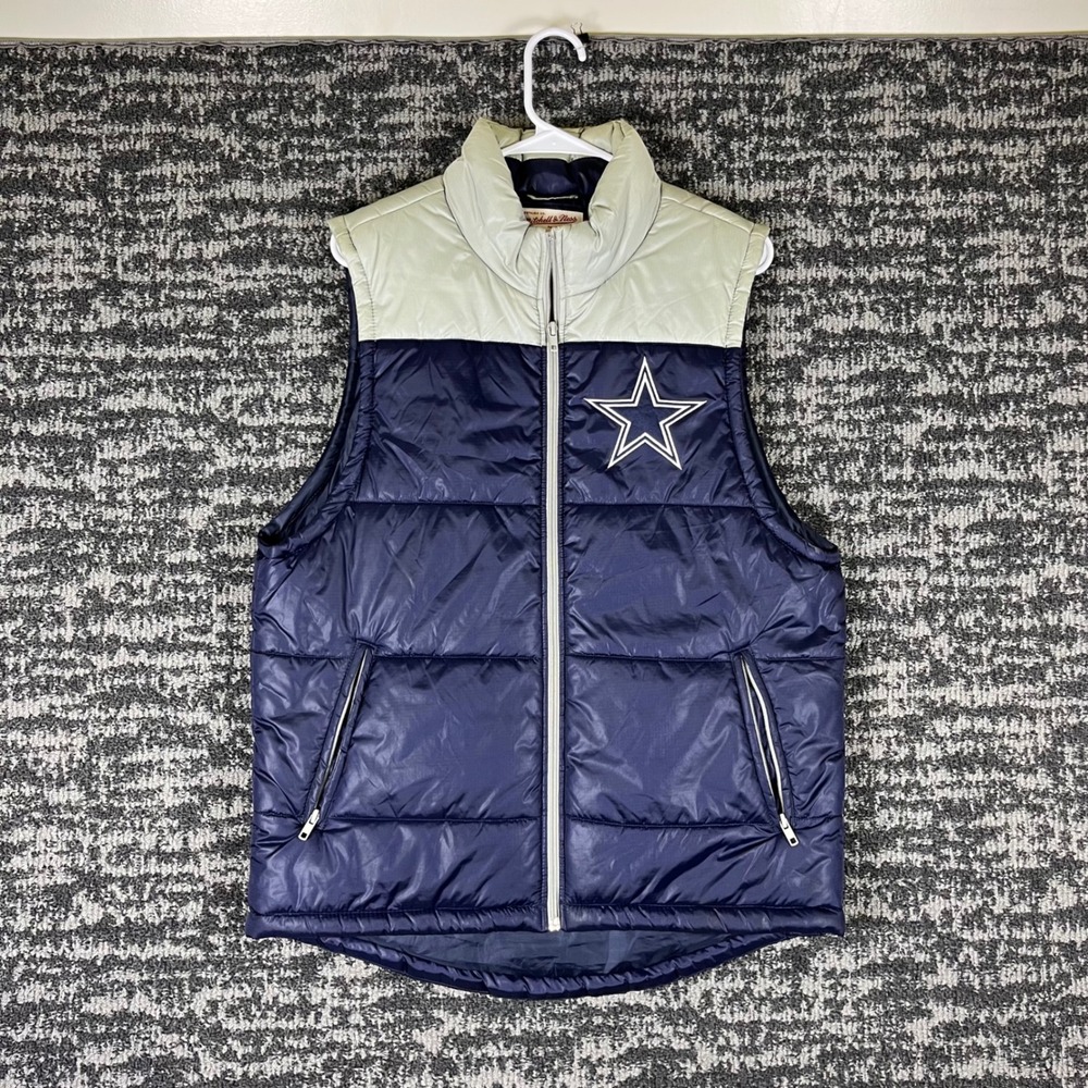Mitchell & Ness Puffer Vest Mens Medium Navy Gray Dallas Cowboys NFL Throwback
